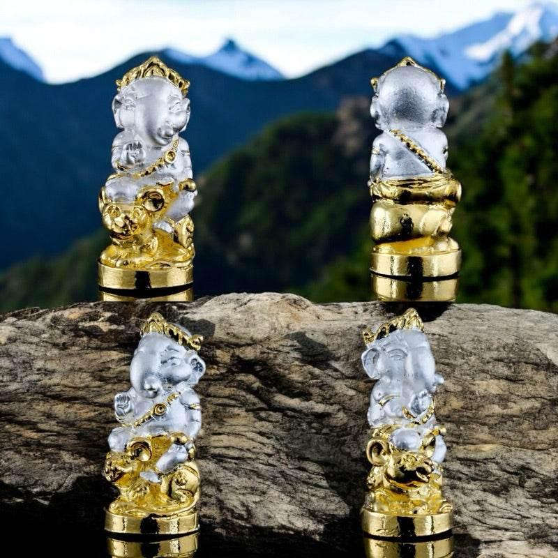 Ganesha Blessing Amulet for Authentic Thai Spiritual Protection – Mini Size 2x1cm from Wat Kor Chok, Chiang Mai 2k plated (silver gold)