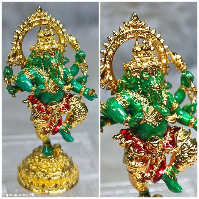 Thai Blessing Co Ganesha success fulfillment amulet in green and gold with intricate detailing