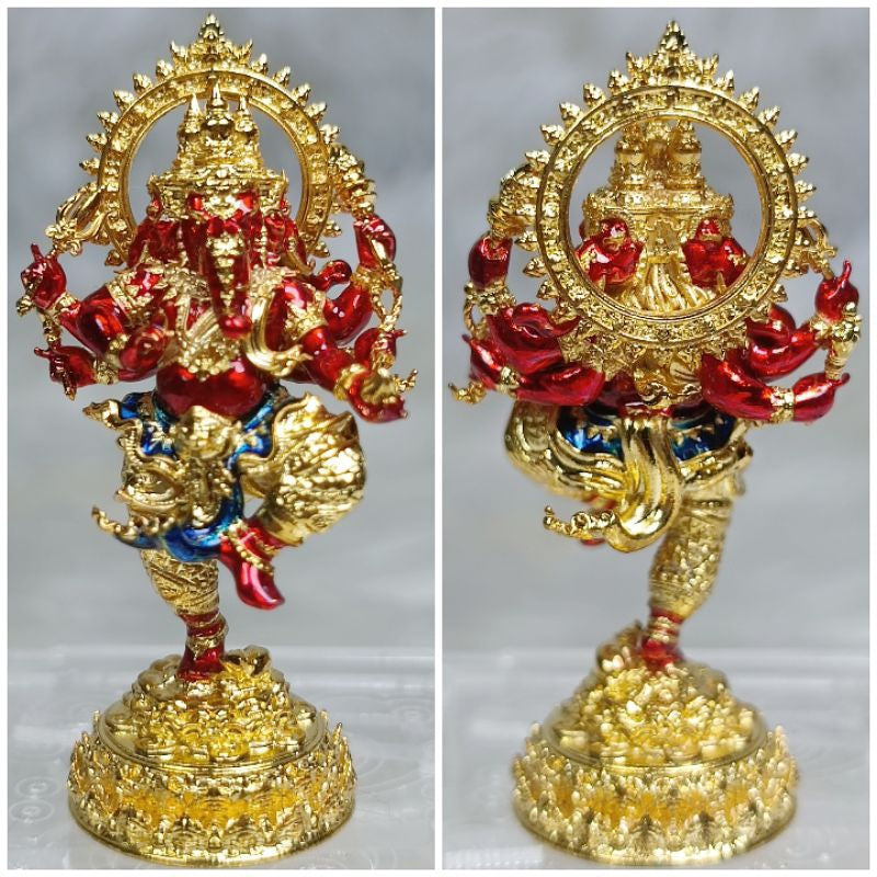 Thai Blessing Co gold and red Ganesha success fulfillment amulet statue on decorative base