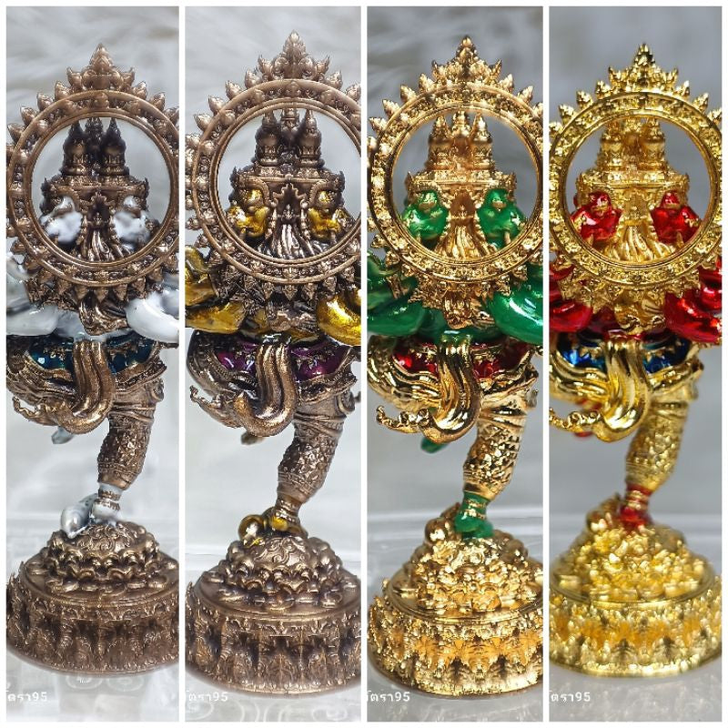 Four detailed Ganesha success fulfillment amulets in bronze and gold finishes with colorful accents