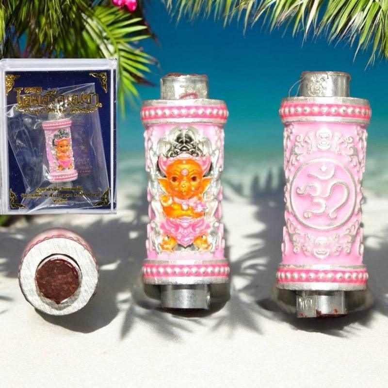 Ganesha Takrut Amulet Thailand Blessed Edition for Success and Obstacle Removal Pink enamel silver