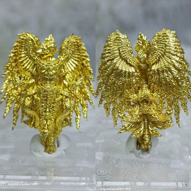 Detailed gold Garuda Parameswara amulet with intricate wings and body design displayed from front and back