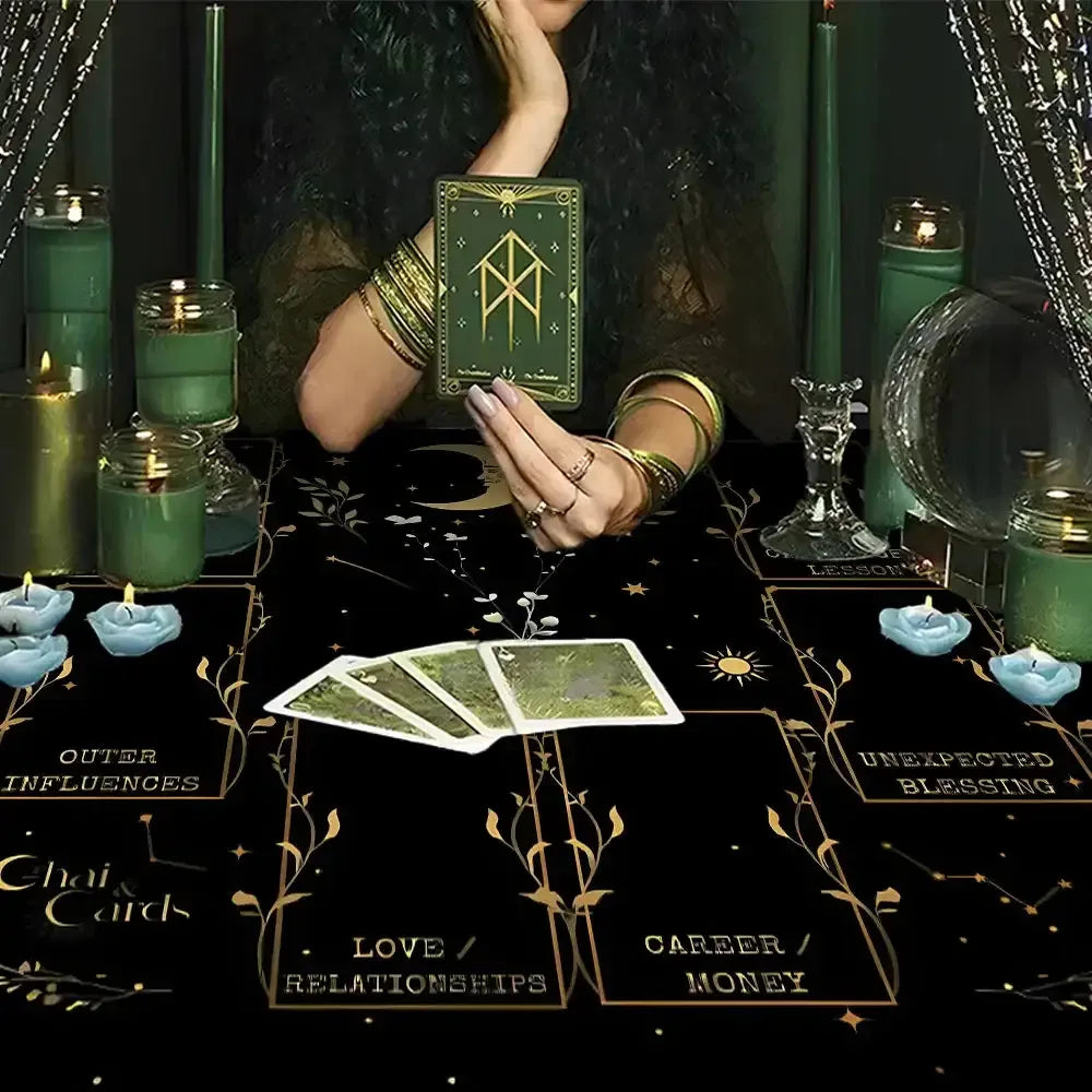 🧿Golden Celtic Cross Tarot Table Cloth – Sacred Moon & Starry Sky Altar Cloth with Vibrant Floral Designs for Divine Tarot Readings