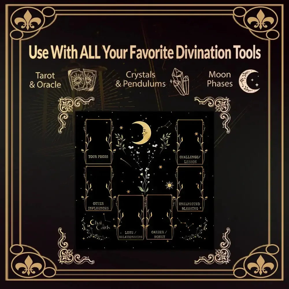 🧿Golden Celtic Cross Tarot Table Cloth – Sacred Moon & Starry Sky Altar Cloth with Vibrant Floral Designs for Divine Tarot Readings