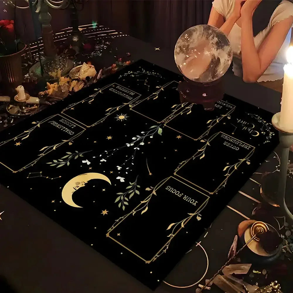 🧿Golden Celtic Cross Tarot Table Cloth – Sacred Moon & Starry Sky Altar Cloth with Vibrant Floral Designs for Divine Tarot Readings