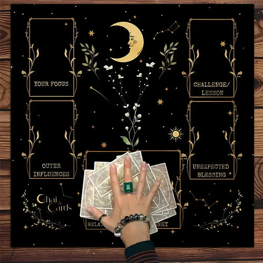 🧿Golden Celtic Cross Tarot Table Cloth – Sacred Moon & Starry Sky Altar Cloth with Vibrant Floral Designs for Divine Tarot Readings