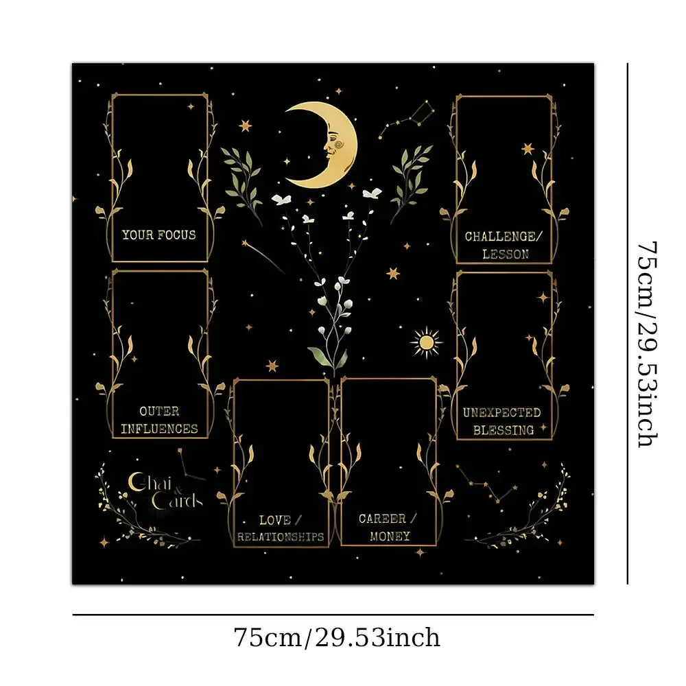🧿Golden Celtic Cross Tarot Table Cloth – Sacred Moon & Starry Sky Altar Cloth with Vibrant Floral Designs for Divine Tarot Readings 75x75cm