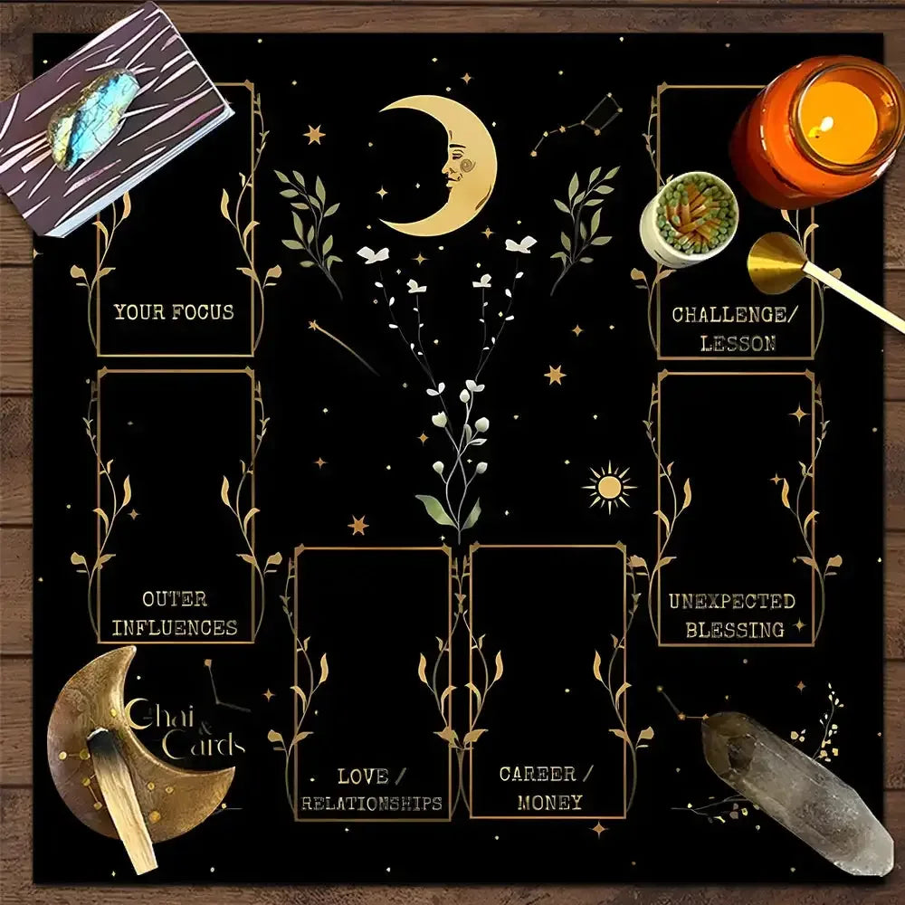 🧿Golden Celtic Cross Tarot Table Cloth – Sacred Moon & Starry Sky Altar Cloth with Vibrant Floral Designs for Divine Tarot Readings