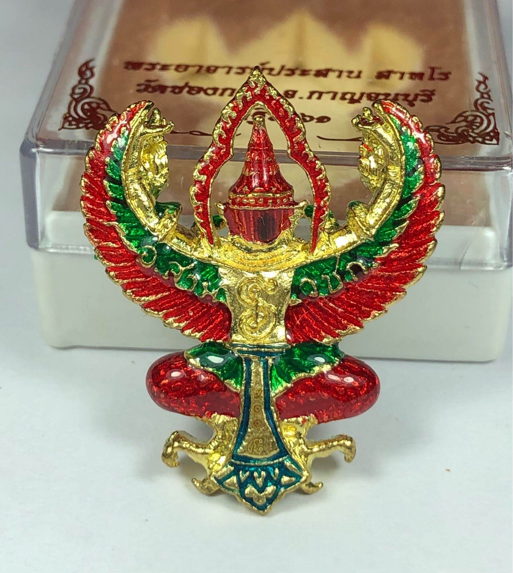 Colorful golden Garuda lucky charm figurine with red and green accents for fashion accessories