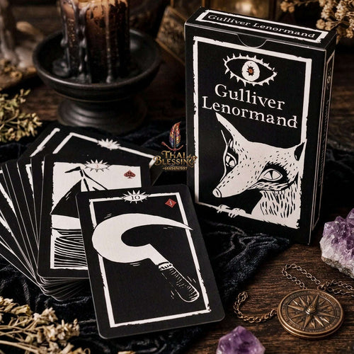 Gulliver Lenormand Oracle Deck (36 Pcs Minimalist Black & White Linocut Edition) - 10.3x6cm High-Contrast Cards with Hypnotic Eye Back for Intuitive Readings & Collectors Thai Blessing Co By RURUECHA