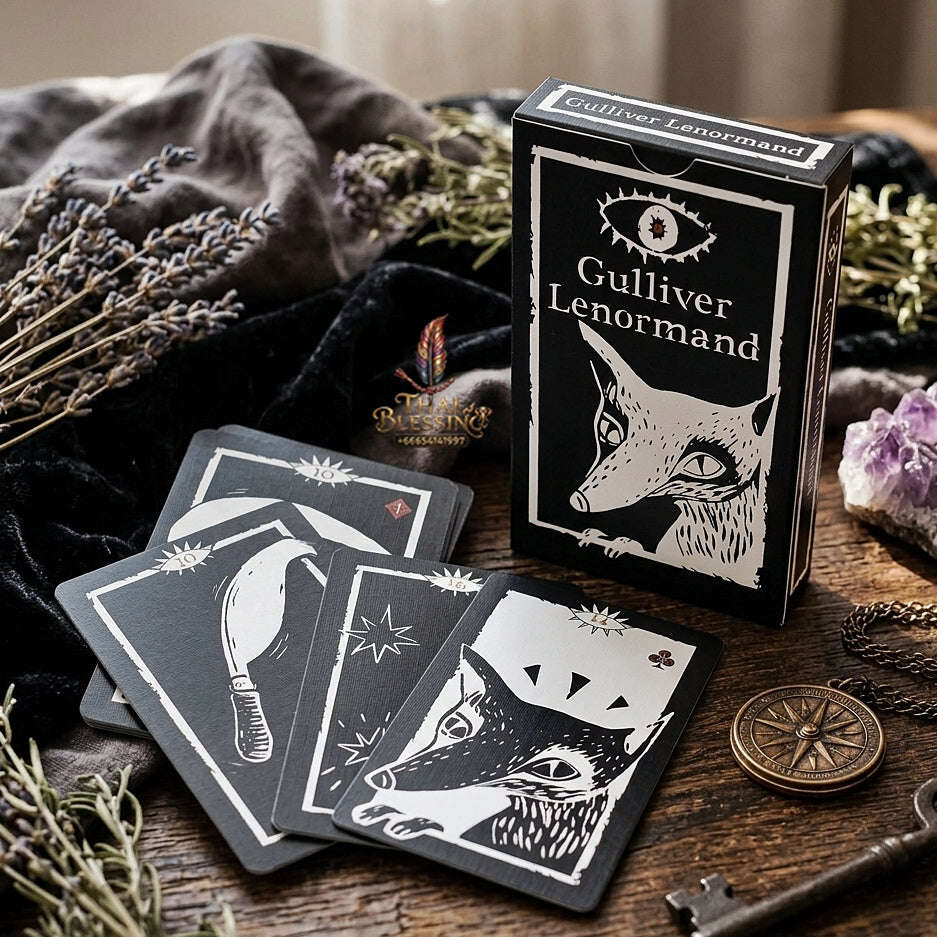 Gulliver Lenormand Oracle Deck (36 Pcs Minimalist Black & White Linocut Edition) - 10.3x6cm High-Contrast Cards with Hypnotic Eye Back for Intuitive Readings & Collectors Thai Blessing Co By RURUECHA