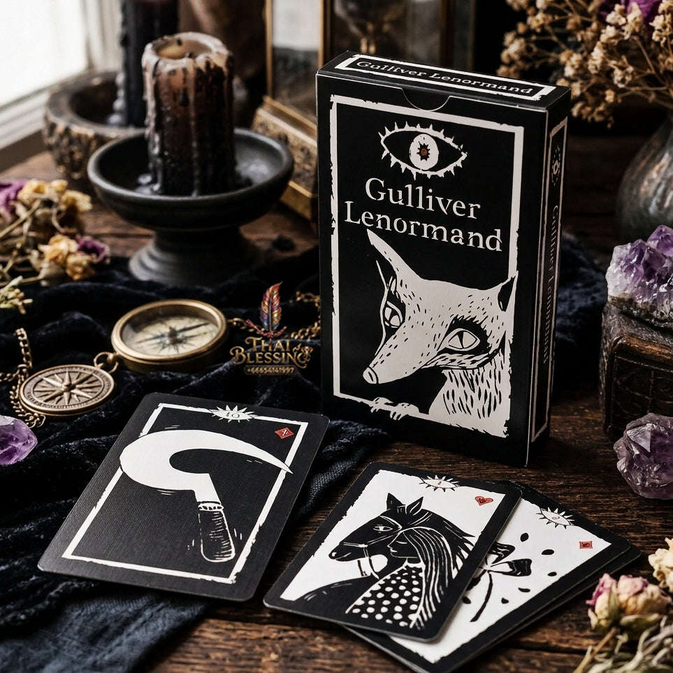 Gulliver Lenormand Oracle Deck (36 Pcs Minimalist Black & White Linocut Edition) - 10.3x6cm High-Contrast Cards with Hypnotic Eye Back for Intuitive Readings & Collectors Thai Blessing Co By RURUECHA