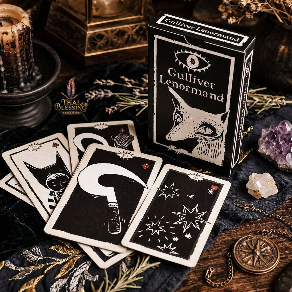 Gulliver Lenormand Oracle Deck (36 Pcs Minimalist Black & White Linocut Edition) - 10.3x6cm High-Contrast Cards with Hypnotic Eye Back for Intuitive Readings & Collectors Thai Blessing Co By RURUECHA