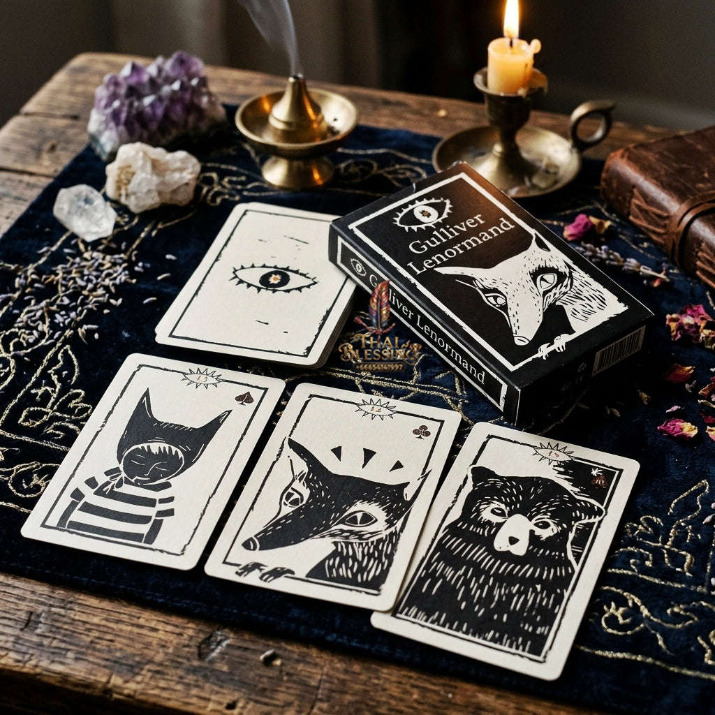 Gulliver Lenormand Oracle Deck (36 Pcs Minimalist Black & White Linocut Edition) - 10.3x6cm High-Contrast Cards with Hypnotic Eye Back for Intuitive Readings & Collectors Thai Blessing Co By RURUECHA