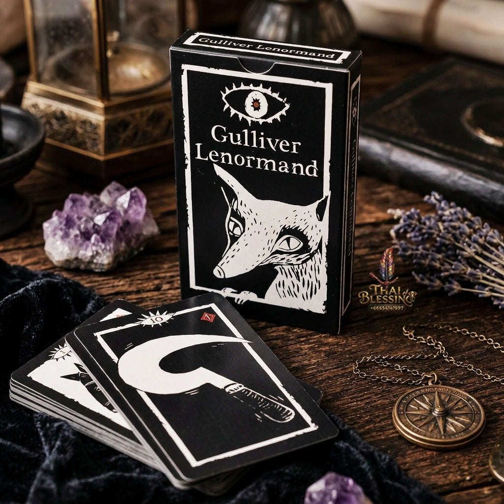 Gulliver Lenormand Oracle Deck (36 Pcs Minimalist Black & White Linocut Edition) - 10.3x6cm High-Contrast Cards with Hypnotic Eye Back for Intuitive Readings & Collectors Thai Blessing Co By RURUECHA