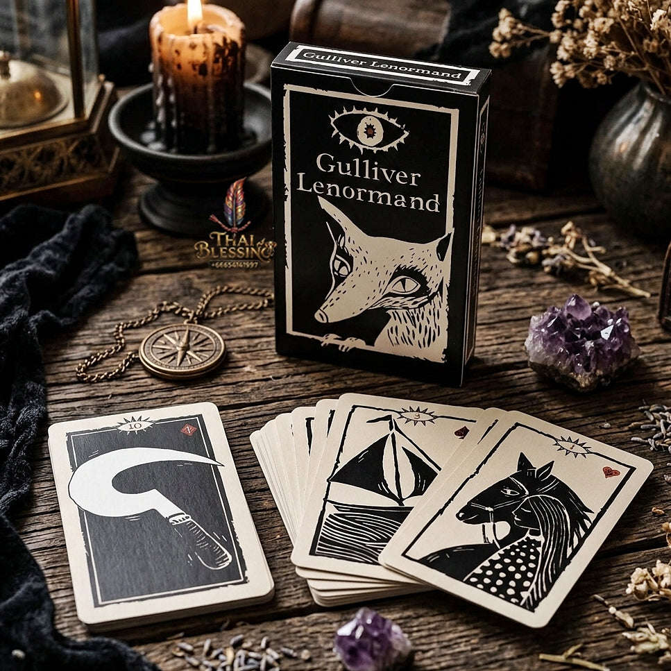 Gulliver Lenormand Oracle Deck (36 Pcs Minimalist Black & White Linocut Edition) - 10.3x6cm High-Contrast Cards with Hypnotic Eye Back for Intuitive Readings & Collectors Thai Blessing Co By RURUECHA