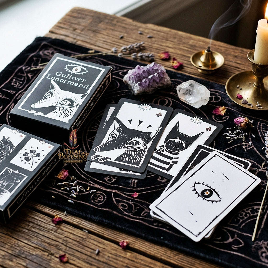 Gulliver Lenormand Oracle Deck (36 Pcs Minimalist Black & White Linocut Edition) - 10.3x6cm High-Contrast Cards with Hypnotic Eye Back for Intuitive Readings & Collectors Thai Blessing Co By RURUECHA