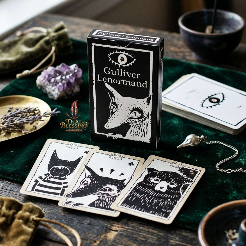 Gulliver Lenormand Oracle Deck (36 Pcs Minimalist Black & White Linocut Edition) - 10.3x6cm High-Contrast Cards with Hypnotic Eye Back for Intuitive Readings & Collectors Thai Blessing Co By RURUECHA