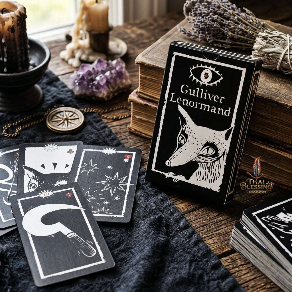 Gulliver Lenormand Oracle Deck (36 Pcs Minimalist Black & White Linocut Edition) - 10.3x6cm High-Contrast Cards with Hypnotic Eye Back for Intuitive Readings & Collectors Thai Blessing Co By RURUECHA