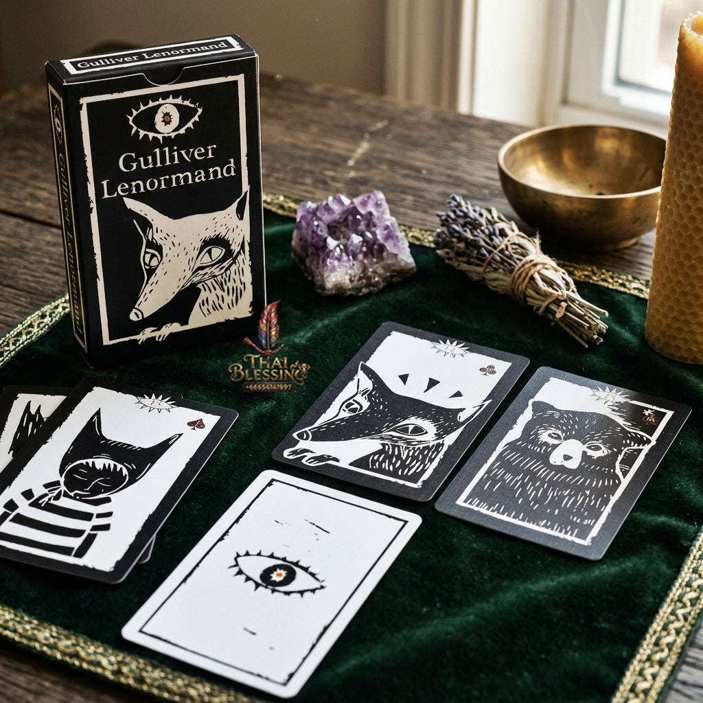 Gulliver Lenormand Oracle Deck (36 Pcs Minimalist Black & White Linocut Edition) - 10.3x6cm High-Contrast Cards with Hypnotic Eye Back for Intuitive Readings & Collectors Thai Blessing Co By RURUECHA