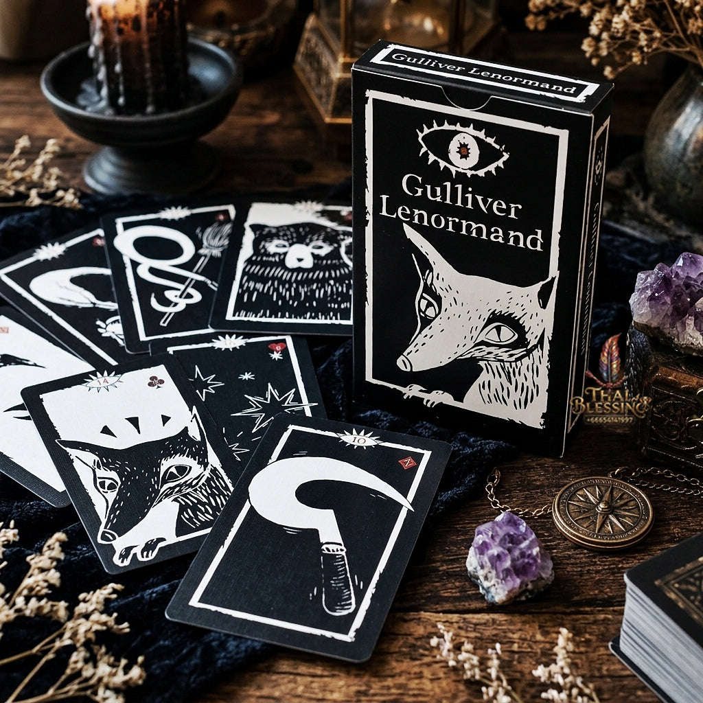 Gulliver Lenormand Oracle Deck (36 Pcs Minimalist Black & White Linocut Edition) - 10.3x6cm High-Contrast Cards with Hypnotic Eye Back for Intuitive Readings & Collectors Thai Blessing Co By RURUECHA