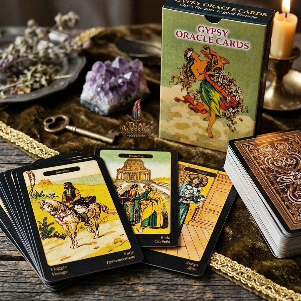 Gypsy Oracle Deck (52 Pcs Sibilla della Zingara Edition) - 350GSM Double-Embossed 19th-Century Reproduction Multilingual Cards for Intuitive Guidance & Oracle Collectors Thai Blessing Co By RURUECHA