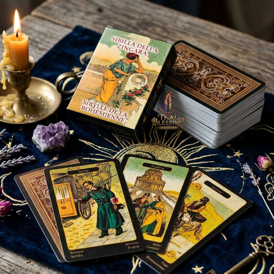 Gypsy Oracle Deck (52 Pcs Sibilla della Zingara Edition) - 350GSM Double-Embossed 19th-Century Reproduction Multilingual Cards for Intuitive Guidance & Oracle Collectors Thai Blessing Co By RURUECHA