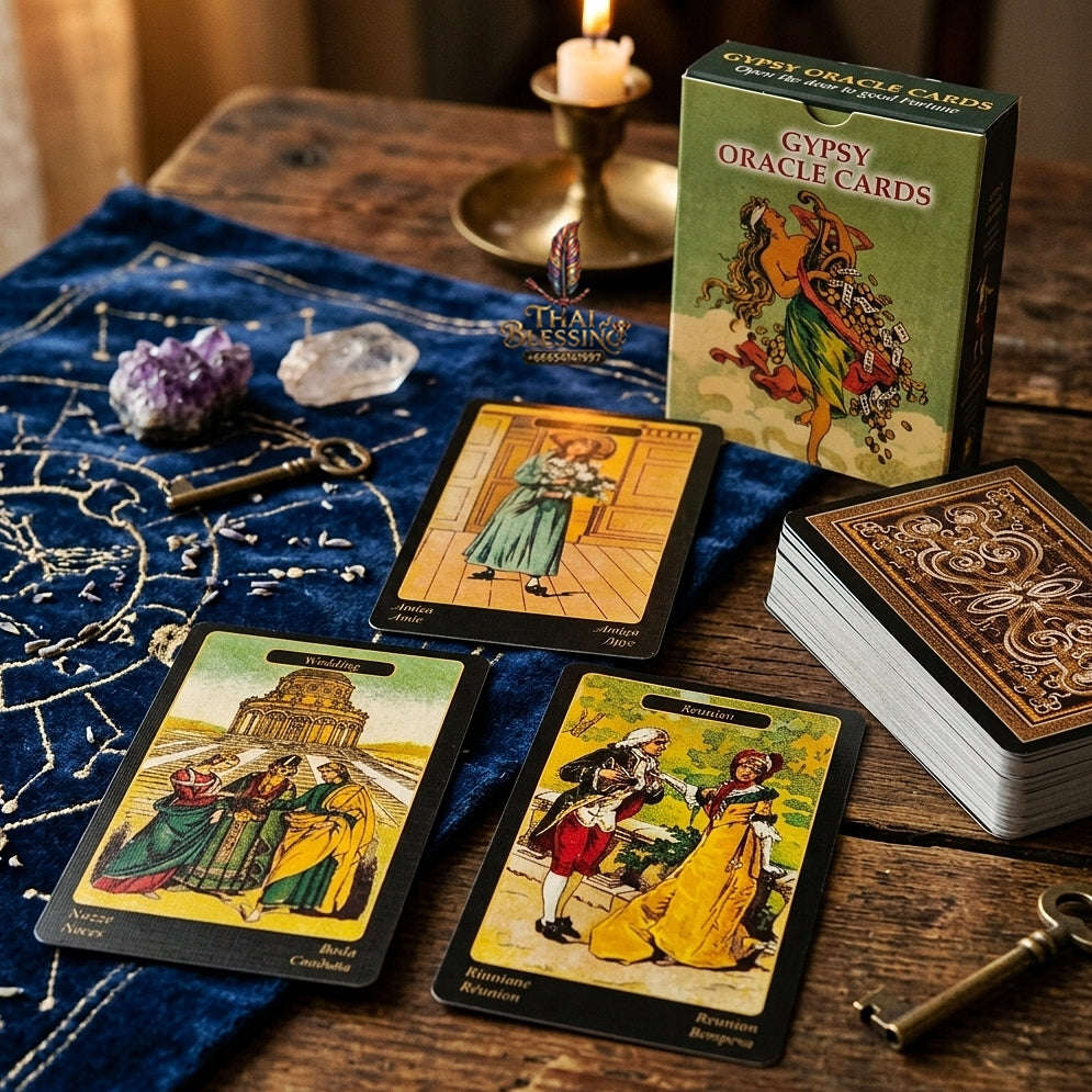 Gypsy Oracle Deck (52 Pcs Sibilla della Zingara Edition) - 350GSM Double-Embossed 19th-Century Reproduction Multilingual Cards for Intuitive Guidance & Oracle Collectors Thai Blessing Co By RURUECHA