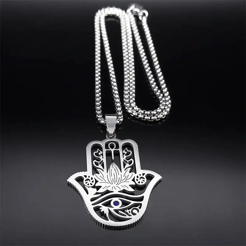 ✨ Hamsa Hand Ankh Lotus Necklace – Stainless Steel | Silver Color | Egyptian Eye of Horus Protective Jewelry | Unisex Spiritual Amulet