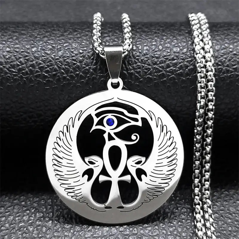 ✨ Hamsa Hand Ankh Lotus Necklace – Stainless Steel | Silver Color | Egyptian Eye of Horus Protective Jewelry | Unisex Spiritual Amulet B 50cm BOX SR