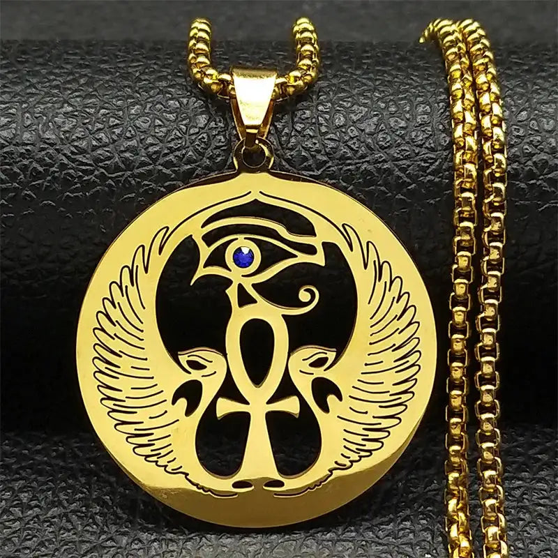 ✨ Hamsa Hand Ankh Lotus Necklace – Stainless Steel | Silver Color | Egyptian Eye of Horus Protective Jewelry | Unisex Spiritual Amulet B 60cm BOX GD