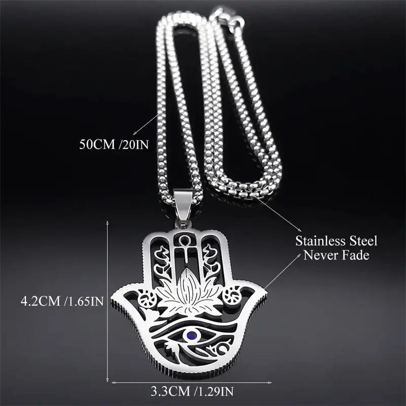 ✨ Hamsa Hand Ankh Lotus Necklace – Stainless Steel | Silver Color | Egyptian Eye of Horus Protective Jewelry | Unisex Spiritual Amulet
