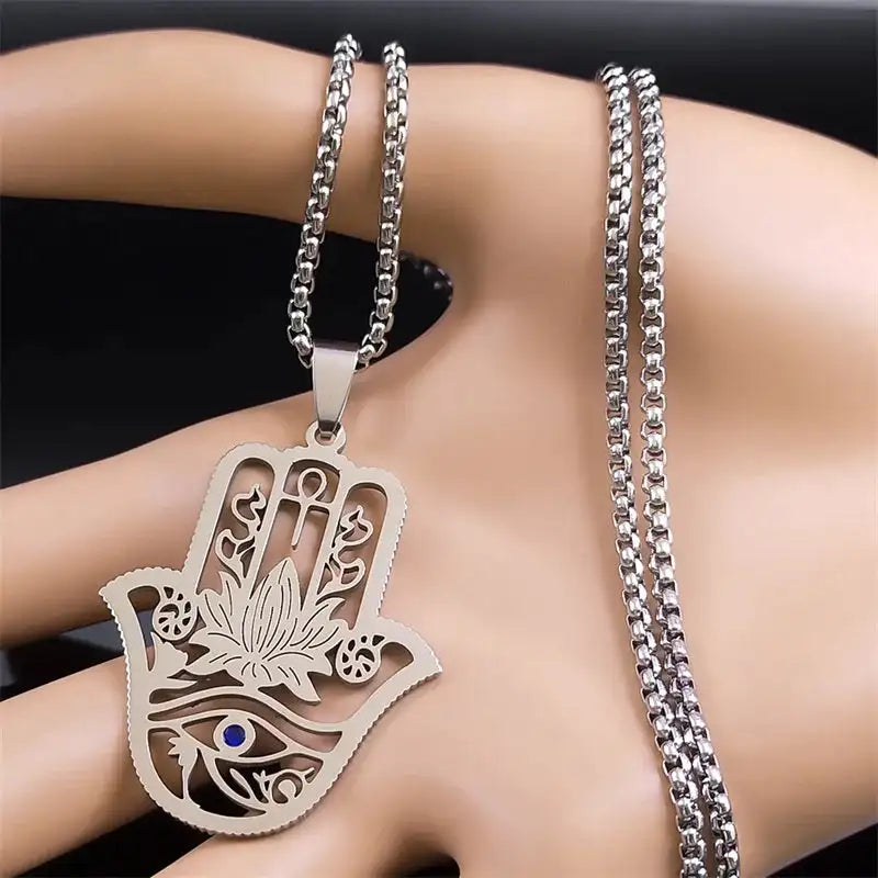 ✨ Hamsa Hand Ankh Lotus Necklace – Stainless Steel | Silver Color | Egyptian Eye of Horus Protective Jewelry | Unisex Spiritual Amulet