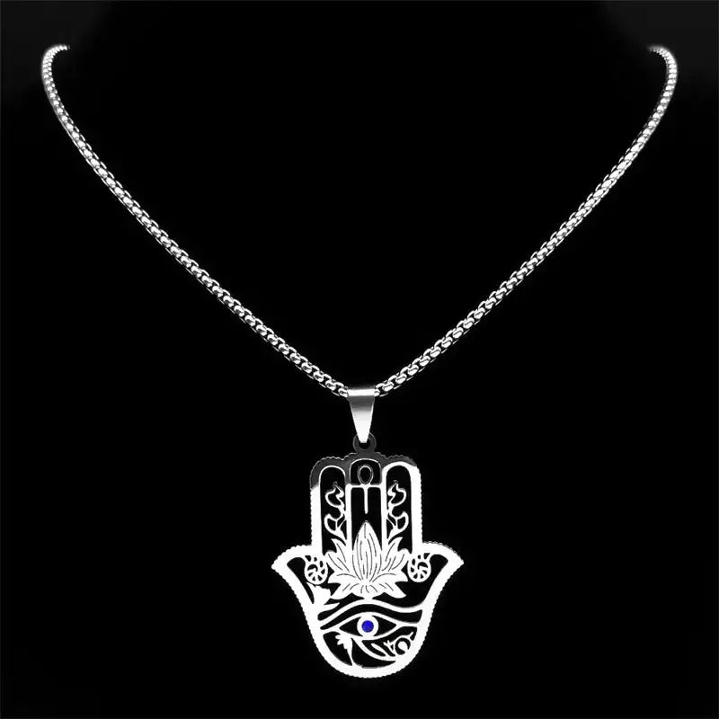 ✨ Hamsa Hand Ankh Lotus Necklace – Stainless Steel | Silver Color | Egyptian Eye of Horus Protective Jewelry | Unisex Spiritual Amulet