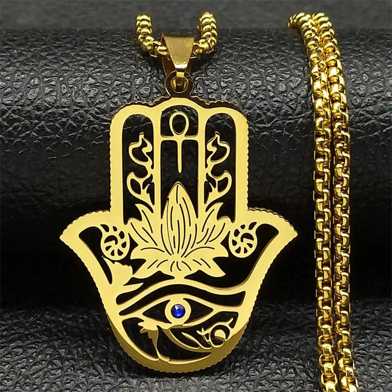 ✨ Hamsa Hand Ankh Lotus Necklace – Stainless Steel | Silver Color | Egyptian Eye of Horus Protective Jewelry | Unisex Spiritual Amulet A 60cm BOX GD