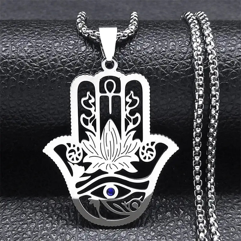 ✨ Hamsa Hand Ankh Lotus Necklace – Stainless Steel | Silver Color | Egyptian Eye of Horus Protective Jewelry | Unisex Spiritual Amulet A 50cm BOX SR