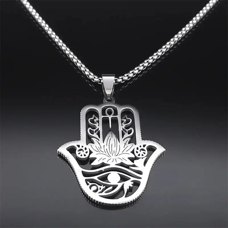 ✨ Hamsa Hand Ankh Lotus Necklace – Stainless Steel | Silver Color | Egyptian Eye of Horus Protective Jewelry | Unisex Spiritual Amulet