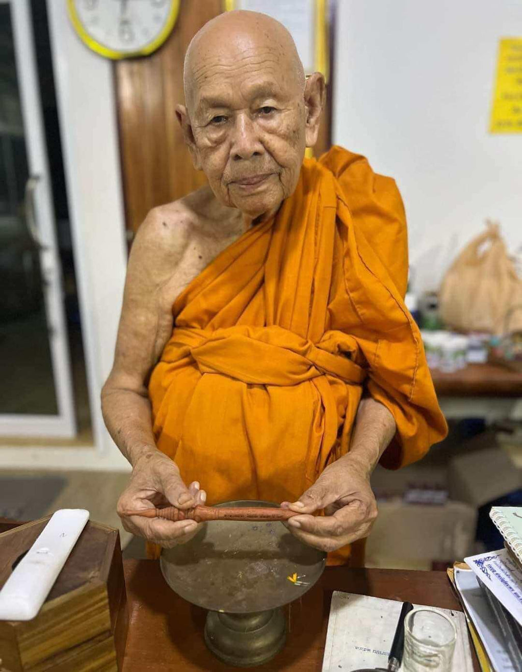 Hand-Carved Thai Spiritual Master Stick with Sacred Script for Blessing Rituals