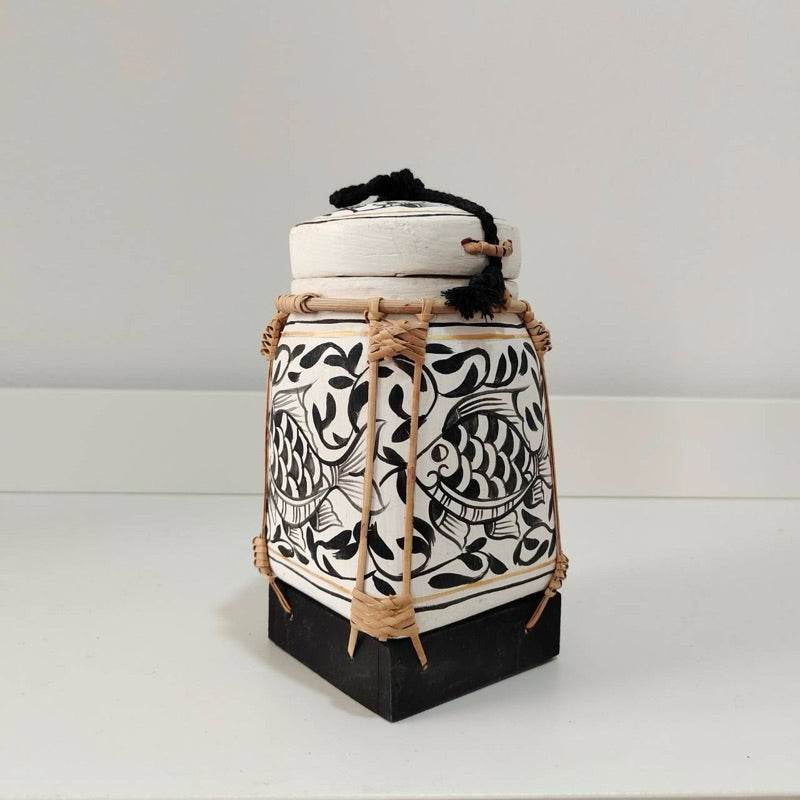 Handcrafted bamboo jewelry box with black and white fish design and rope details from One-Sake.com