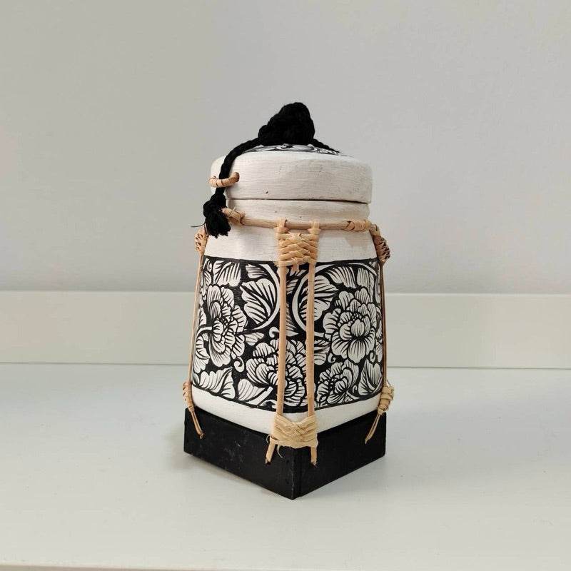 Handcrafted bamboo jewelry box with black and white floral design and woven accents by One-Sake.com