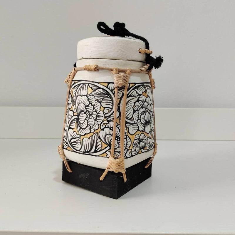 One-Sake.com handcrafted bamboo jewelry box with intricate floral designs and black base