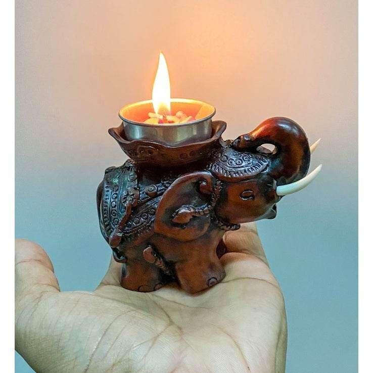 Handcrafted Elephant Tea Light Holder - Unique Home Decor Accent น้ำตาลแดง 6x10x8cm.