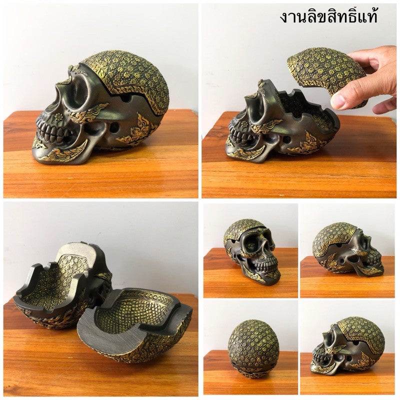Handcrafted gold skull ashtray with intricate detailing in black and gold design for home decoration