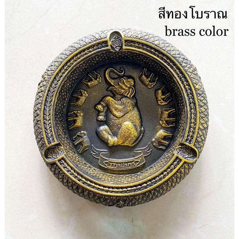 Handcrafted Peacock Elephant Ashtray - Unique Souvenir for Home Decor ทองโบราณ 14x14x3.5cm.