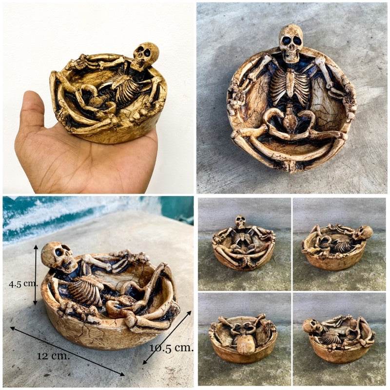 Handcrafted resin skeleton ashtray in brown color showing detailed skeleton design and measurements