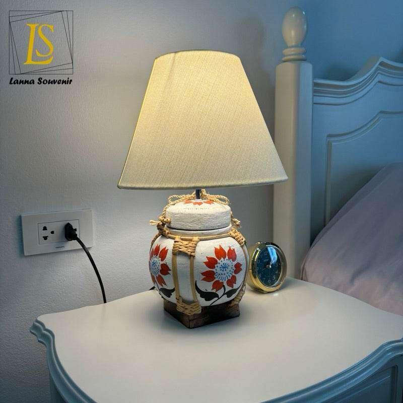 Handmade Bamboo Lamp with Fabric Shade for Elegant Home Decor Red flower