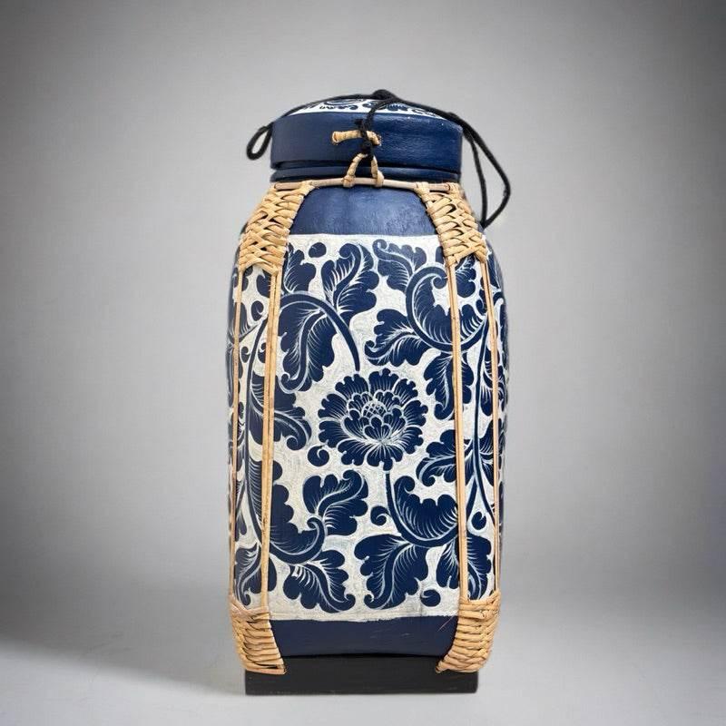 Handmade Bamboo Rice Basket - Stylish Storage and Practical Home Decor น้ำเงินดอกพุดตาน