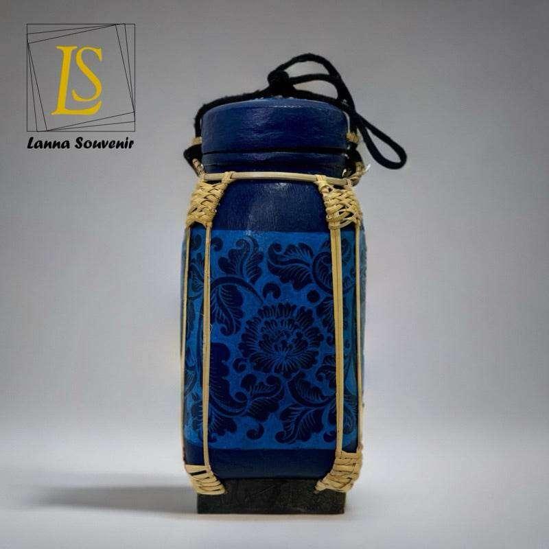 Handmade Bamboo Rice Box with Floral Design - Authentic Thai Craftsmanship น้ำเงินฟ้า