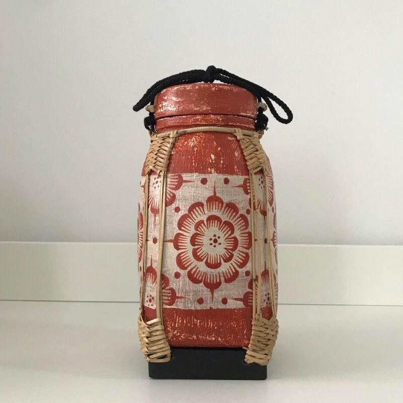 Handmade Bamboo Rice Box with Floral Design - Authentic Thai Craftsmanship ส้ม