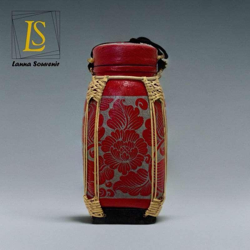 Handmade Bamboo Rice Box with Floral Design - Authentic Thai Craftsmanship แดงเทา